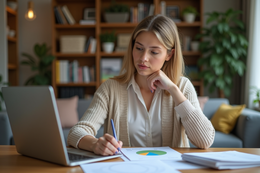 Femme concentrée devant un ordinateur avec factures et graphique
