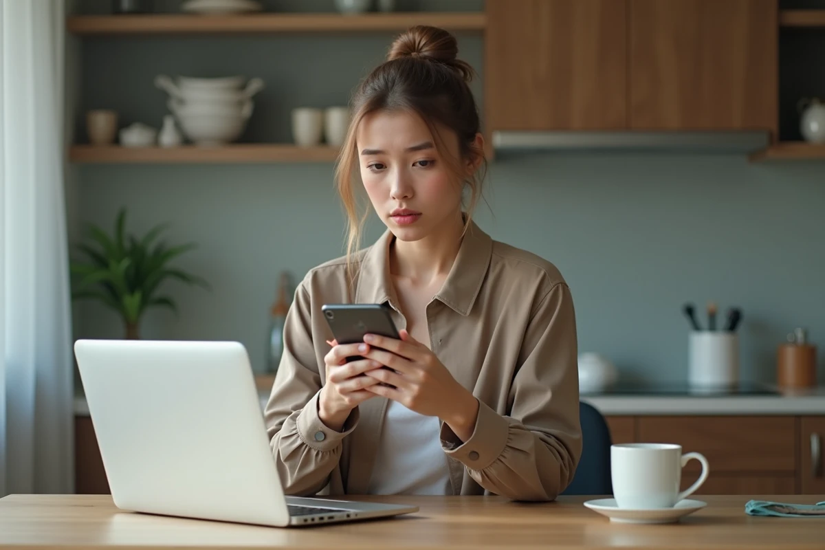 Jeune femme en tenue décontractée utilisant un smartphone à la maison