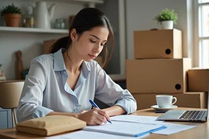 Femme organisée remplissant des formulaires administratifs à la maison