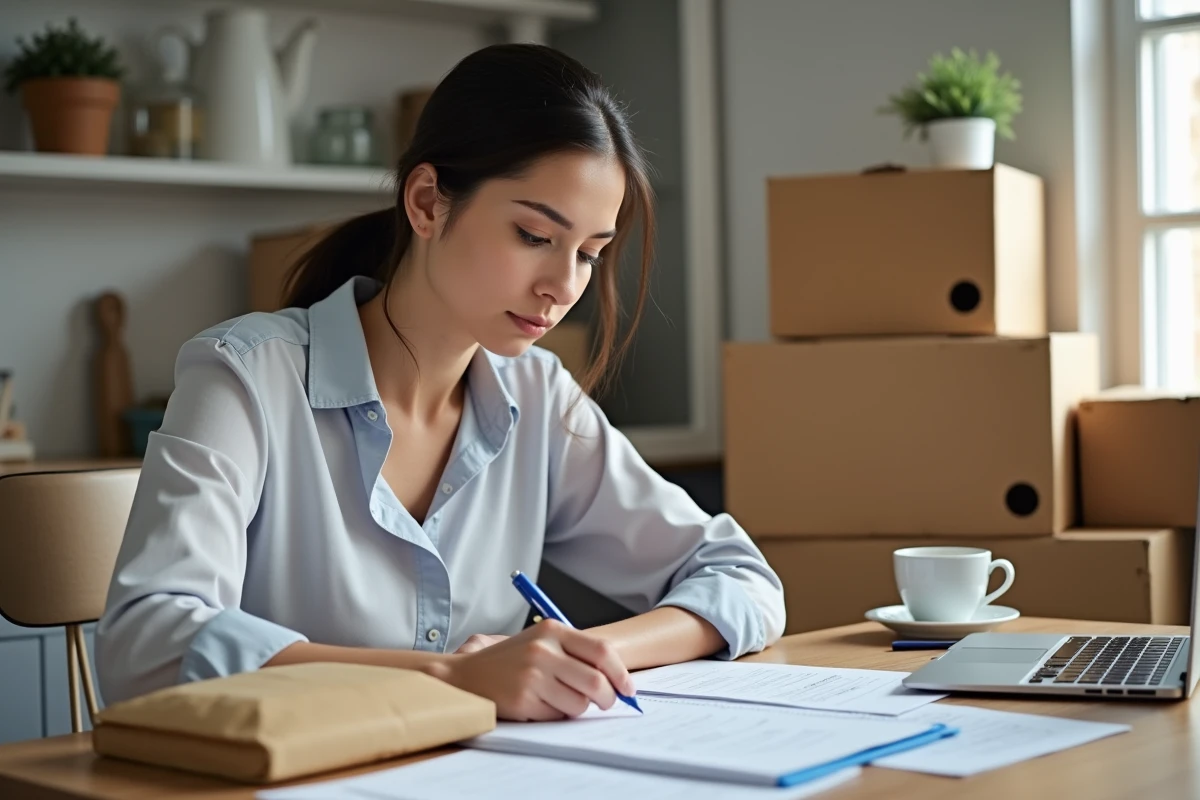 Femme organisée remplissant des formulaires administratifs à la maison
