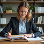 Femme professionnelle organise des documents dans un bureau moderne