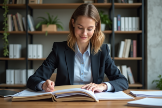 Femme professionnelle organise des documents dans un bureau moderne