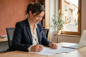 Femme professionnelle signant un contrat de portage salarial dans un espace de coworking à Orange
