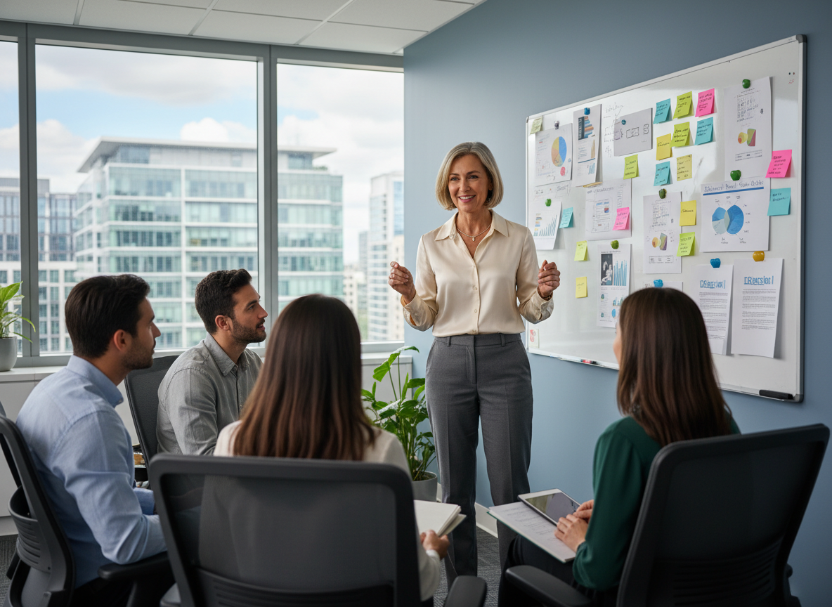 Femme souriante expliquant un projet à une équipe
