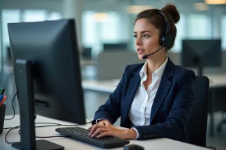 Femme professionnelle en bureau moderne avec casque et ordinateur