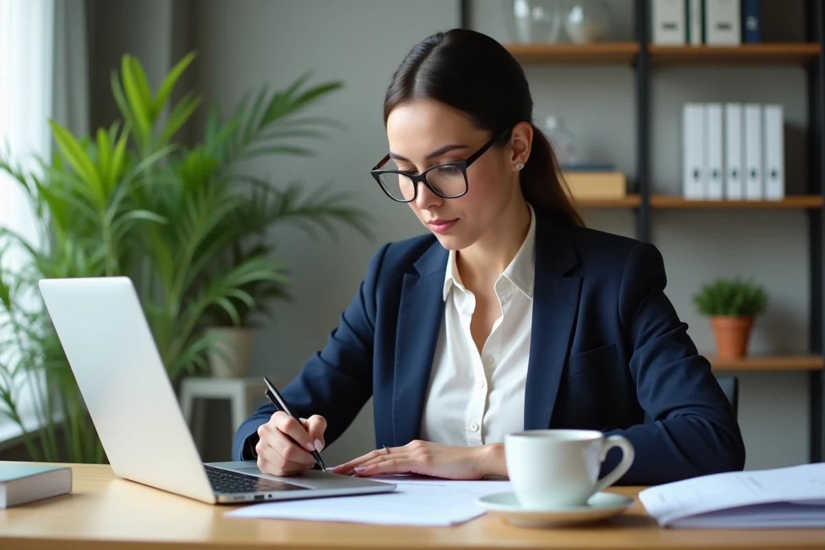 Femme professionnelle en bureau moderne examinant une facture