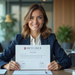 Femme professionnelle tenant un certificat dans un bureau moderne
