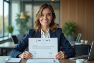 Femme professionnelle tenant un certificat dans un bureau moderne