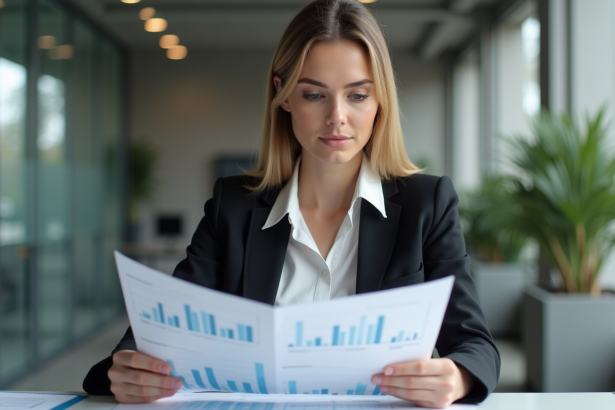 Jeune femme professionnelle examinant des graphiques au bureau