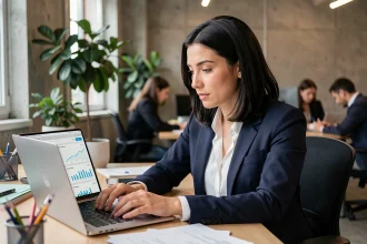 Femme professionnelle consultant un site de formation data sur son ordinateur dans un espace de coworking moderne