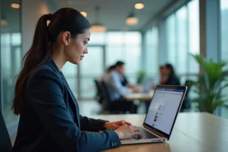Femme professionnelle vérifiant son profil LinkedIn au bureau
