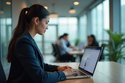 Femme professionnelle vérifiant son profil LinkedIn au bureau