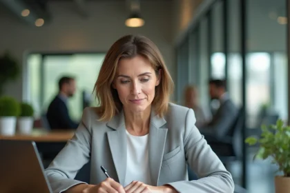 Femme professionnelle rédigeant un mail de relance client sur son ordinateur portable dans un bureau moderne