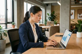 Femme professionnelle analysant des données de croissance sur un tableau de bord numérique pour accélérer son activité