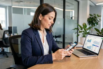 Femme professionnelle utilisant WhatsApp Business sur smartphone dans un bureau moderne pour gérer ses ventes