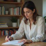 Femme réfléchie remplissant un questionnaire à la maison