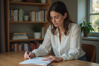 Femme réfléchie remplissant un questionnaire à la maison