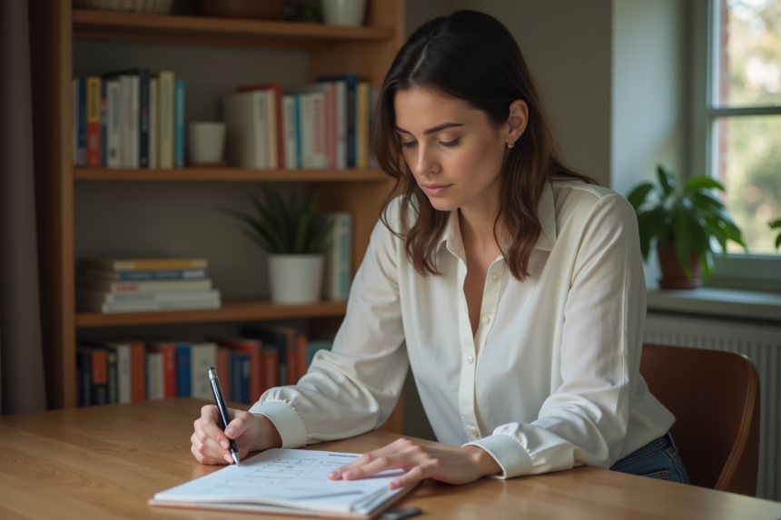 Femme réfléchie remplissant un questionnaire à la maison