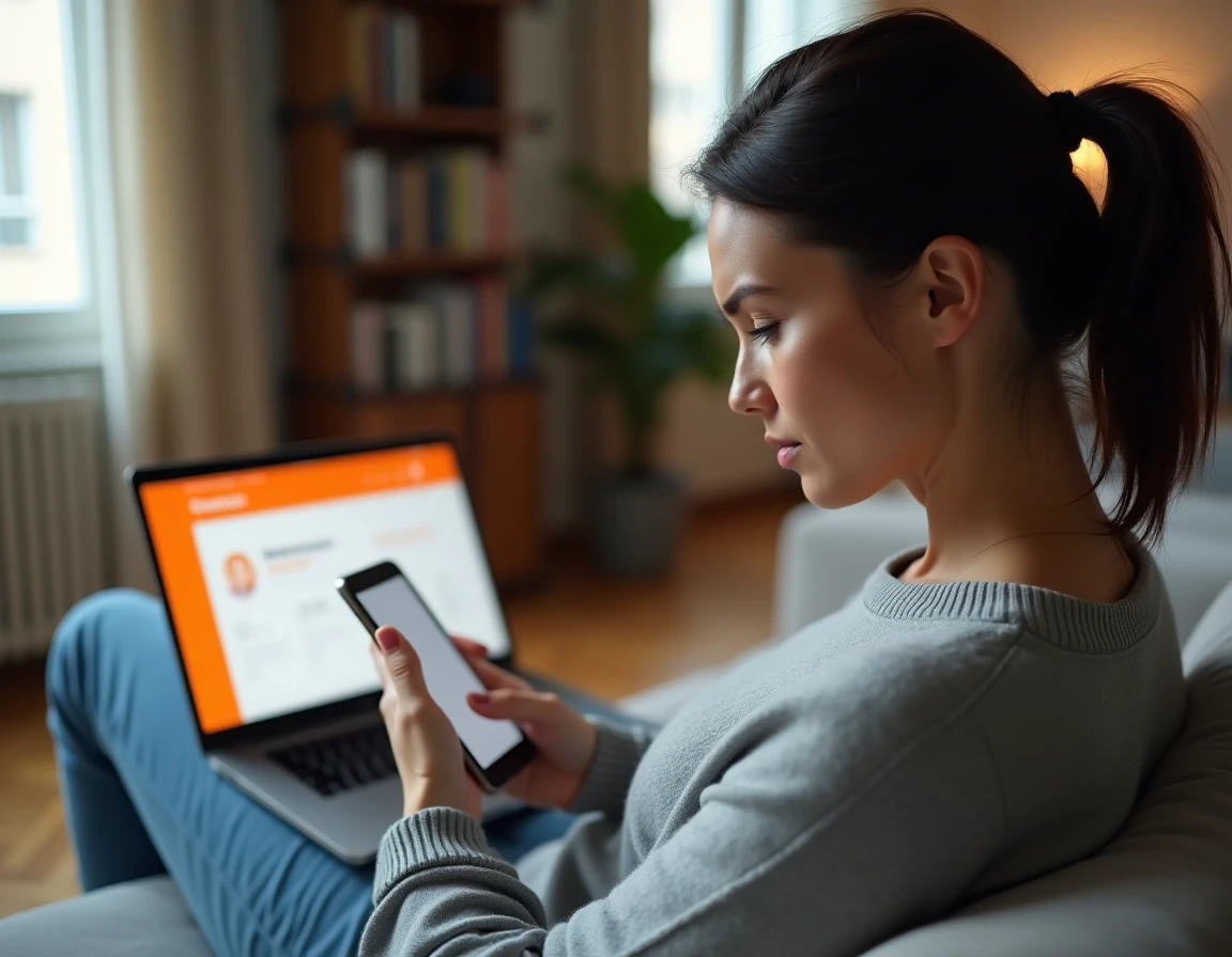 Femme cherchant de l'aide sur le site du service client France Télécom depuis son appartement parisien
