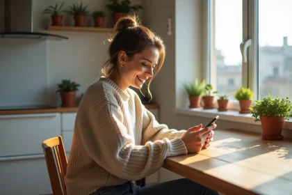 Jeune femme assise à une table de cuisine moderne
