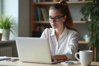 Jeune femme en bureau setup campagne PPC ordinateur