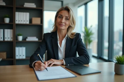 Femme d'affaires signant un document dans un bureau moderne