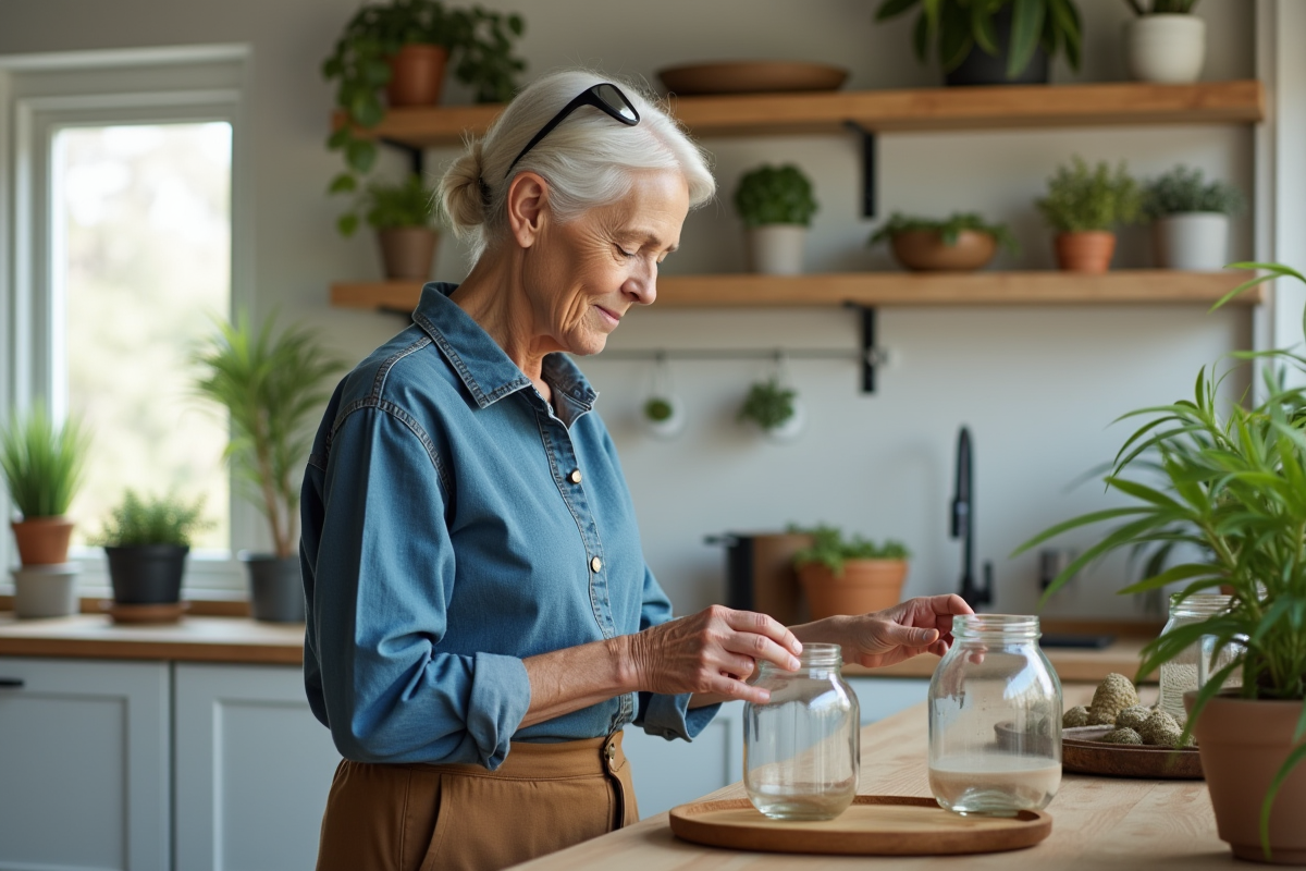 Femme âgée examinant des bocaux réutilisables dans une cuisine moderne