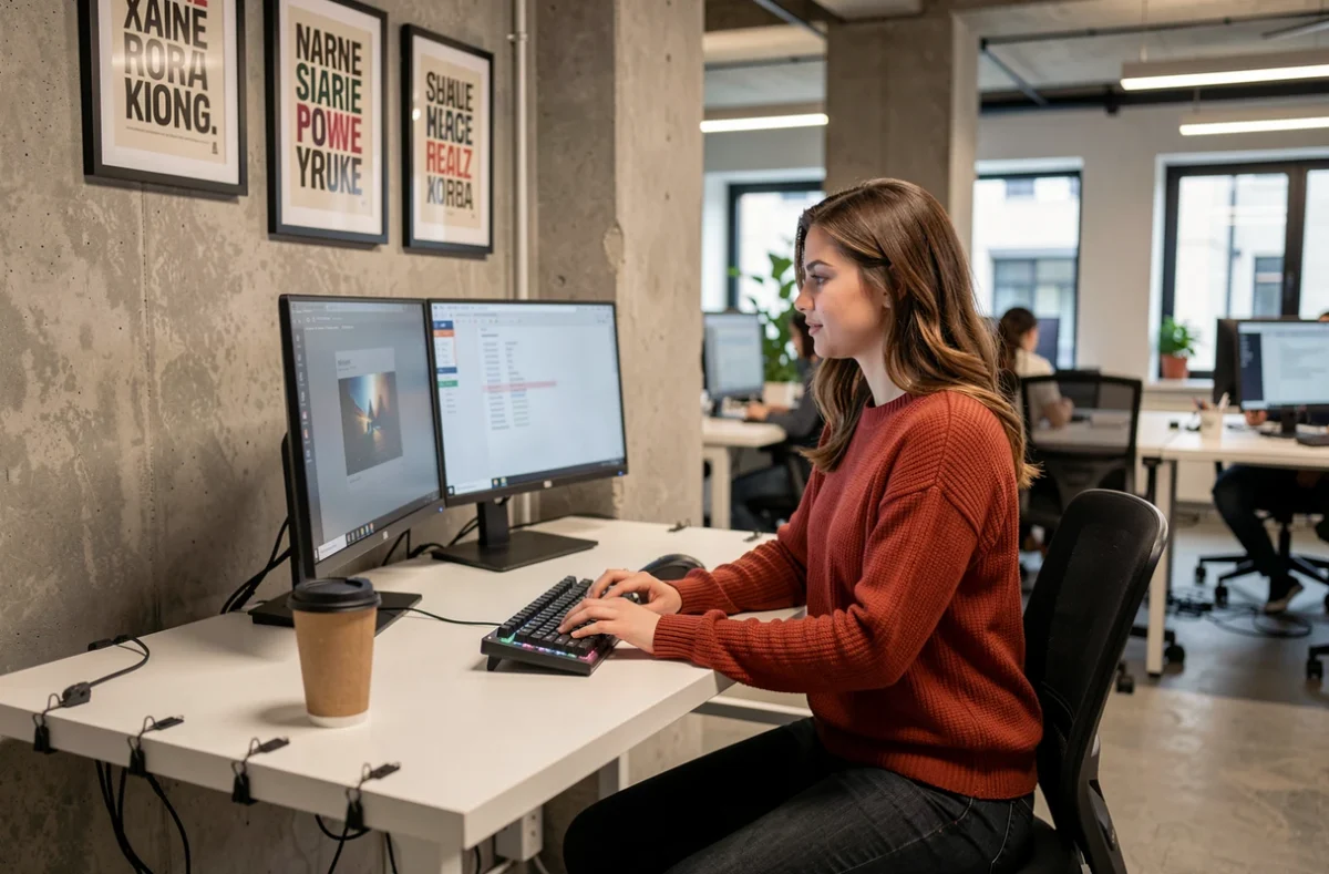 Femme en télétravail dans un espace de coworking moderne avec bureau standing et double écran