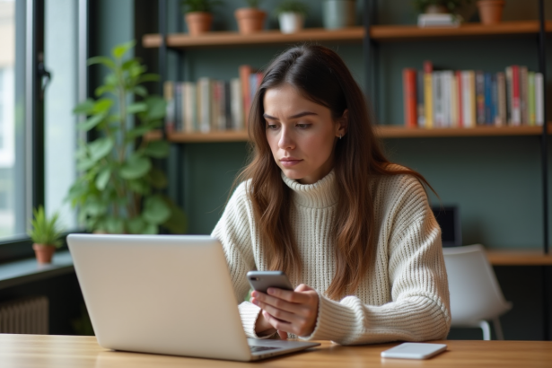Femme assise dans un espace coworking lisant un message sur son téléphone