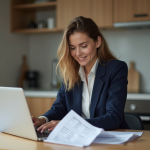 Jeune femme en blazer blanc travaillant sur ses impots