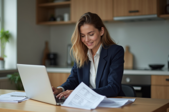 Jeune femme en blazer blanc travaillant sur ses impots