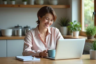 Femme souriante travaillant à la maison avec ordinateur