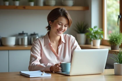 Femme souriante travaillant à la maison avec ordinateur