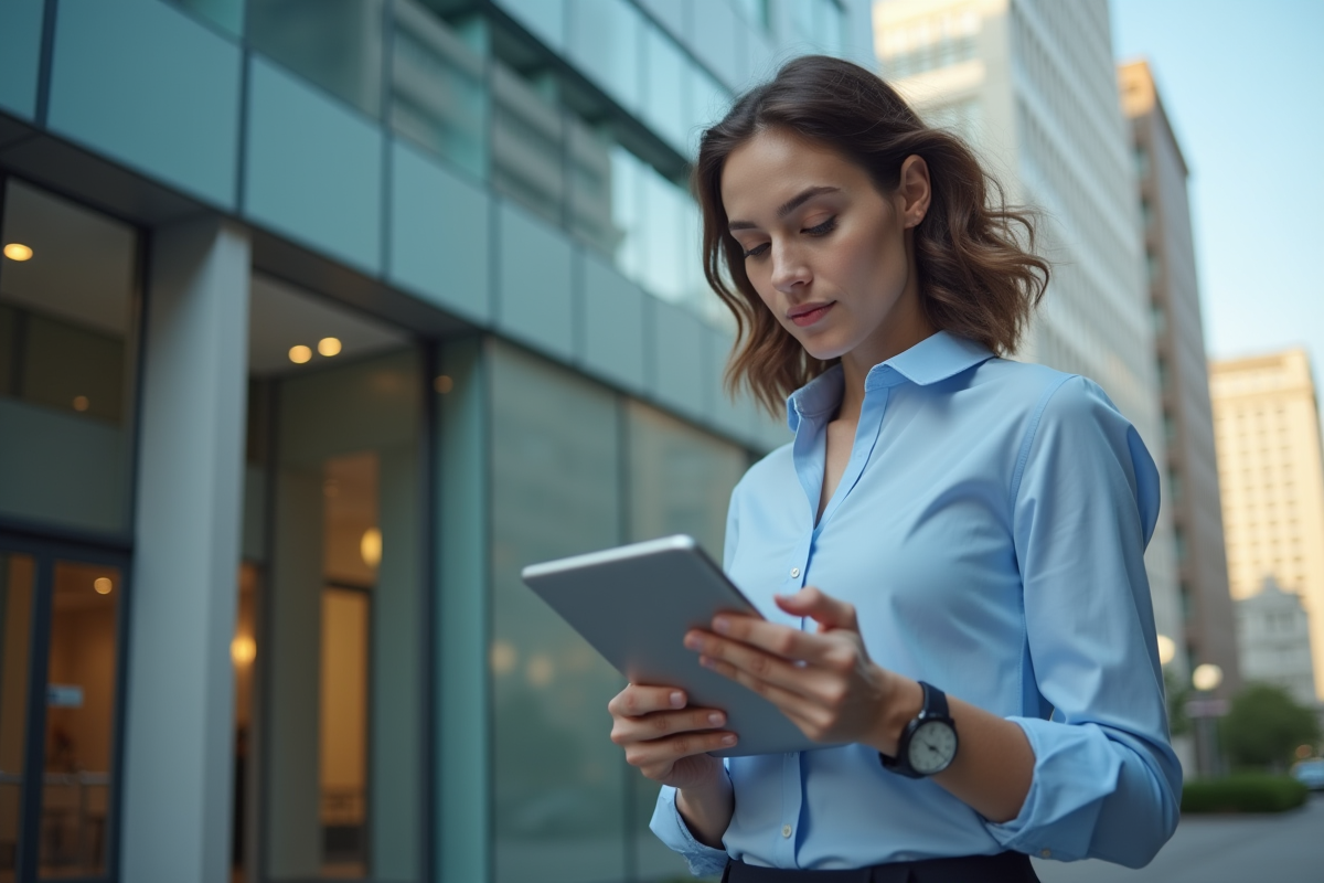 Femme confiante utilisant une tablette en extérieur