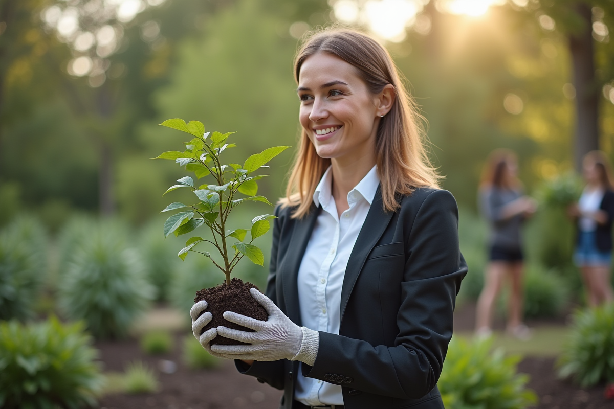 Jeune femme plantant un arbre lors d