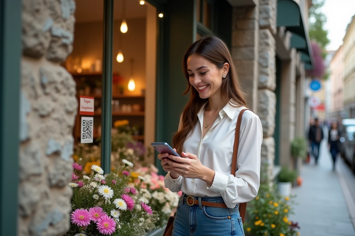 Jeune femme scannant un QR code devant une boutique de fleurs