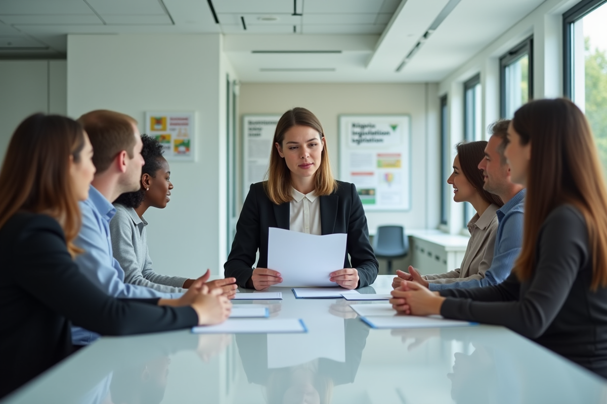 Jeune femme fonctionnaire explique un document à des citoyens