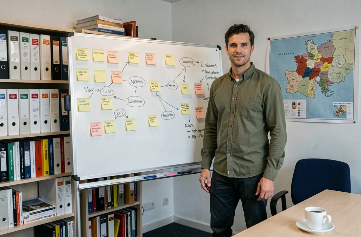 Jeune fondateur de startup alsacienne debout devant un tableau blanc avec des notes stratégiques dans un incubateur d'entreprises en Alsace