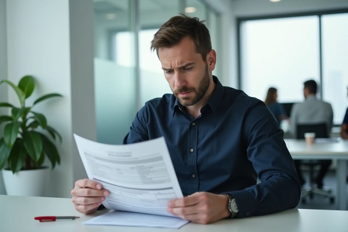 Homme hésitant devant un formulaire administratif URSSAF dans un bureau professionnel, symbolisant les erreurs de signalement