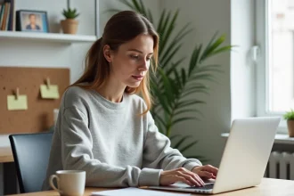 Freelance femme travaillant depuis son bureau à domicile avec un ordinateur portable, illustrant la gestion administrative d'une activité indépendante avec POP STARTUP