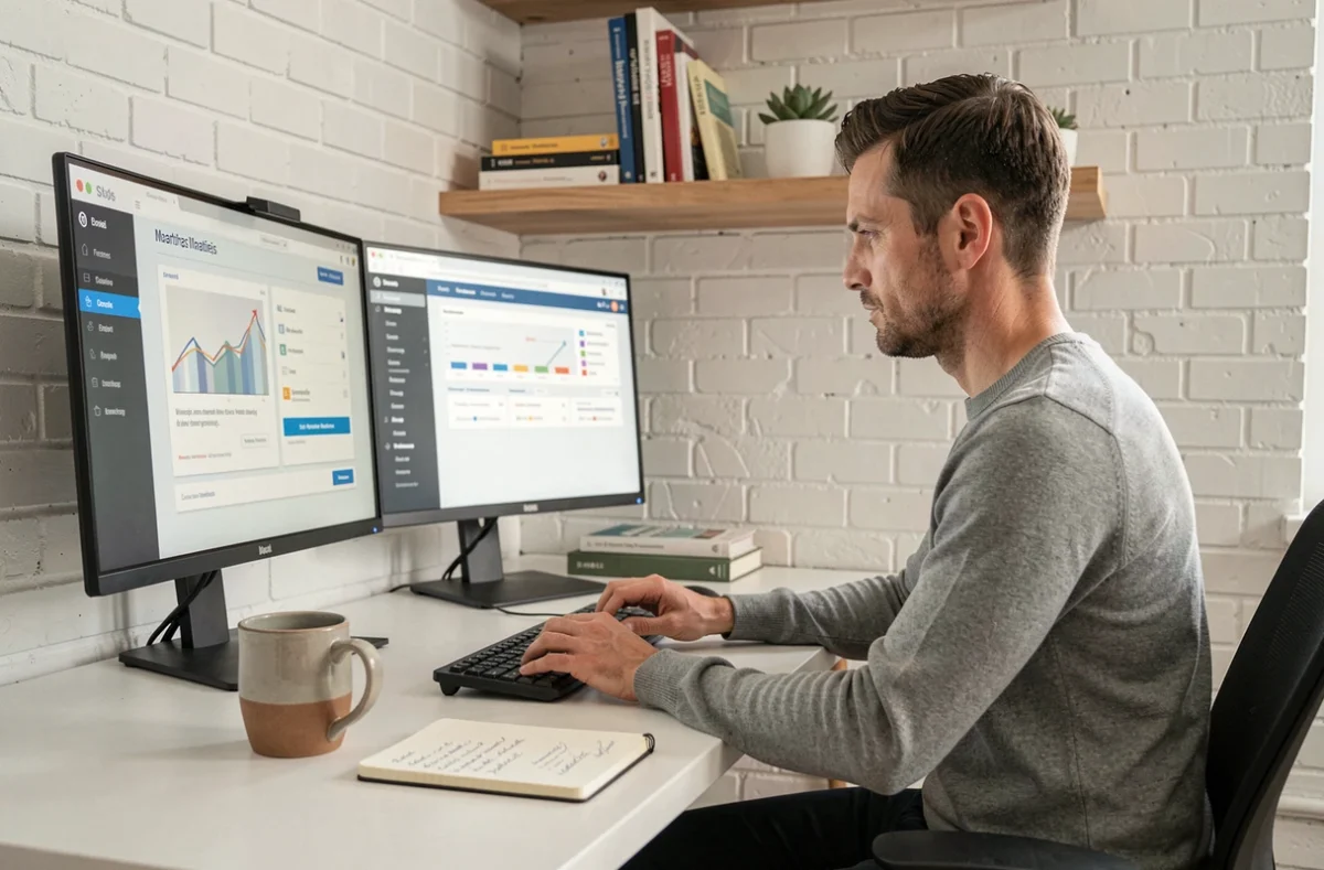 Freelance marketing travaillant seul depuis son bureau à domicile sur une stratégie digitale pour une PME