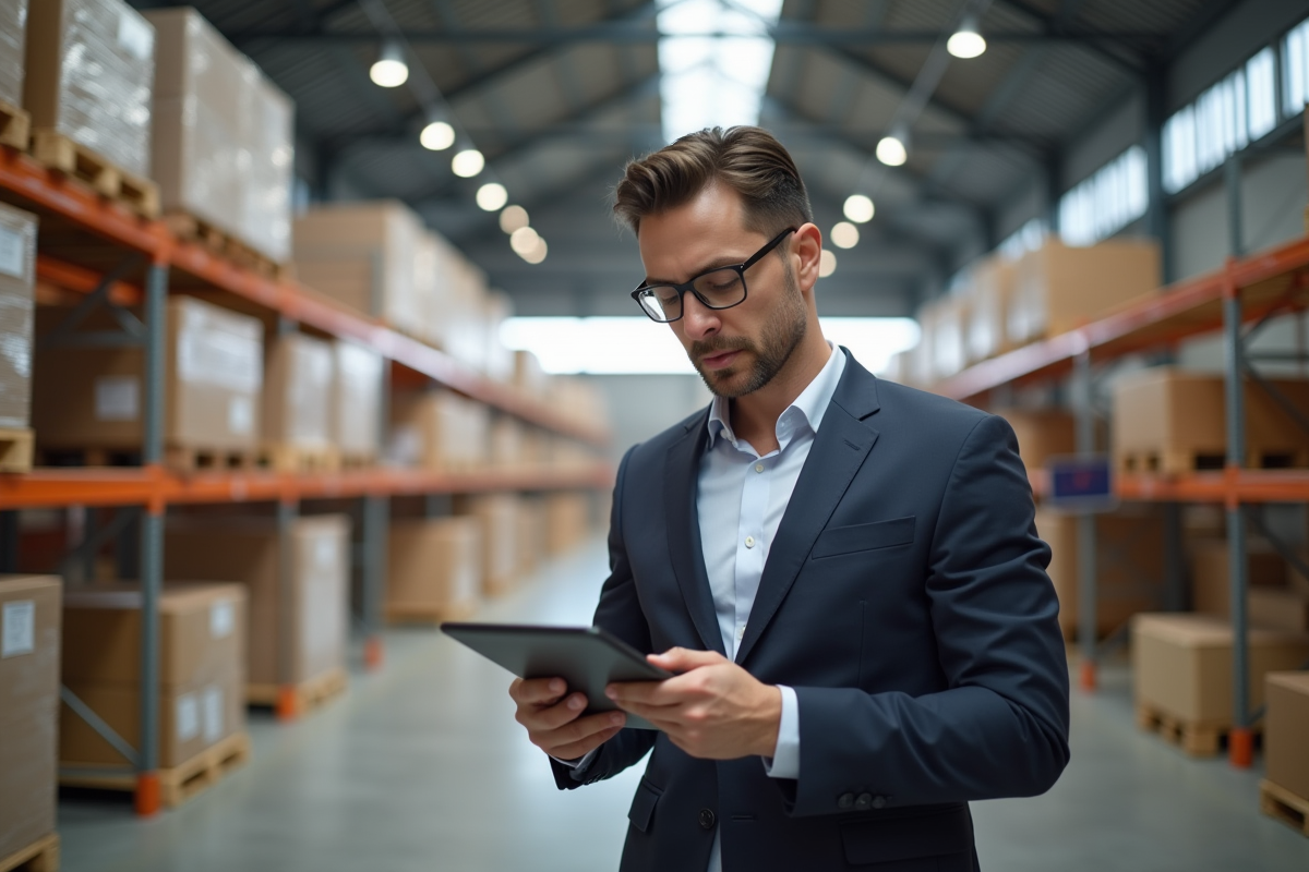 Manager inspectant un entrepôt avec tablette numérique