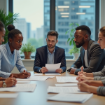 Groupe d'adultes divers en réunion sur la politique antidiscrimination
