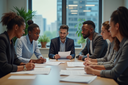Groupe d'adultes divers en réunion sur la politique antidiscrimination
