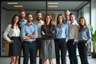Groupe de collègues au bureau moderne souriants