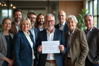 Groupe de collègues souriants autour d'une carte d'adieu