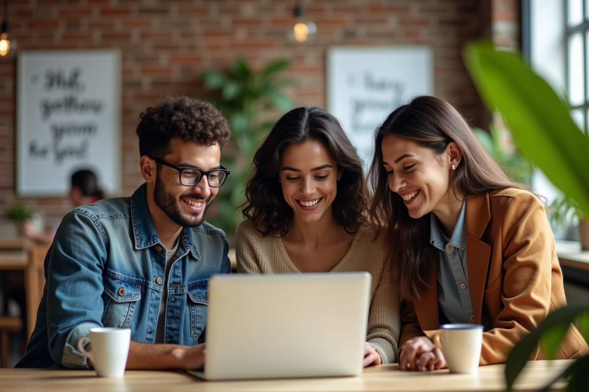 Groupe divers de jeunes discutant autour d’un ordinateur en coworking