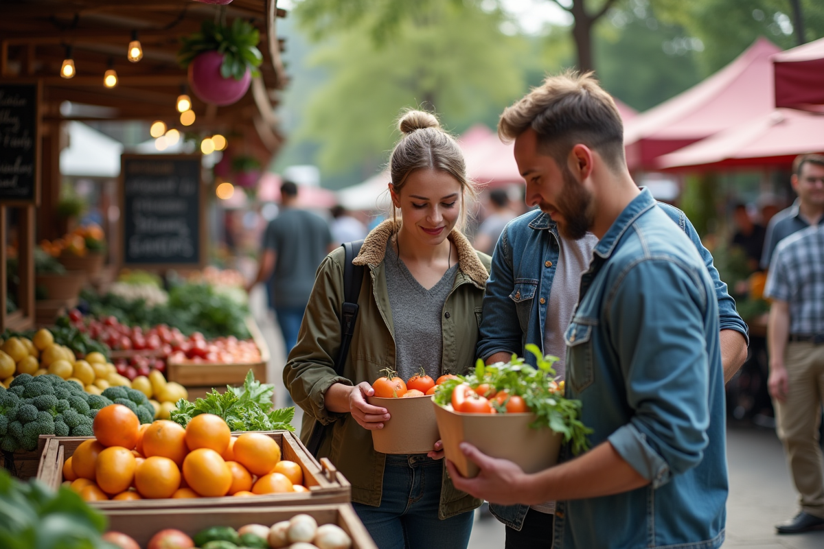 Groupe diversifié au marché bio avec paniers de fruits et légumes