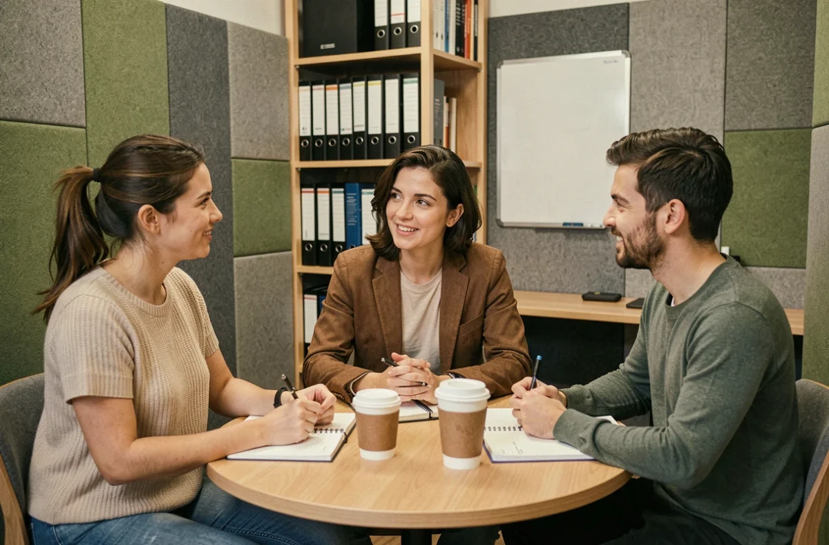 Groupe de jeunes professionnels en réunion dans un espace de coworking à Rodez avec cloisons acoustiques