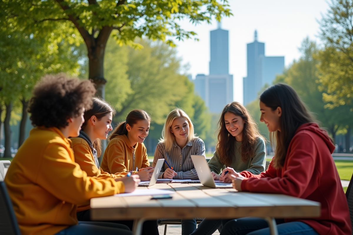 Jeunes adultes collaborant dans un parc urbain moderne